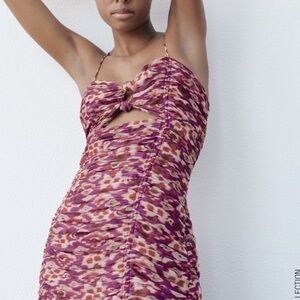 Zara NWT purple watercolor print knotted mini dress SIZE XS